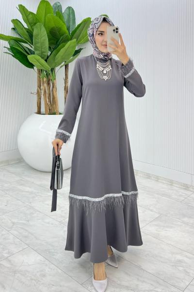 Gri Mosso Abiye Elbise Tesettür Giyim Gri