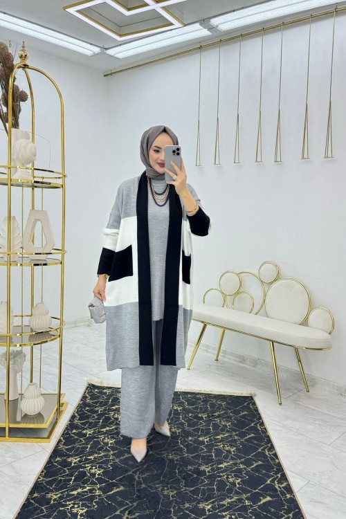 Gri Nadide Üçlü Triko Takım Tesettür Giyim Gri