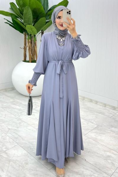 Gri Özel Tasarım Zümra Baya Takım Tesettür Giyim Gri