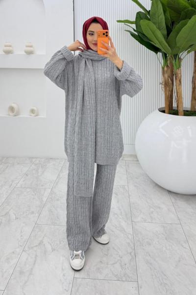 Gri Premıum Atkılı Triko Takım Tesettür Giyim  Gri
