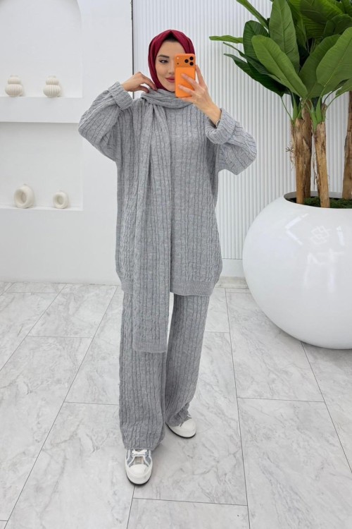 Gri Premıum Atkılı Triko Takım Tesettür Giyim  Gri