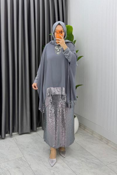 Gri Premium Fatma Payetli Etek Takım Tesettür Giyim Gri