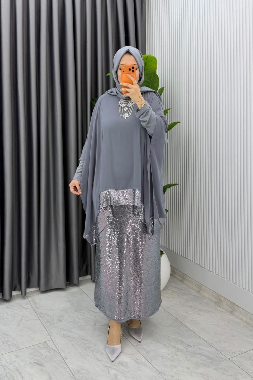 Gri Premium Fatma Payetli Etek Takım Tesettür Giyim  Gri