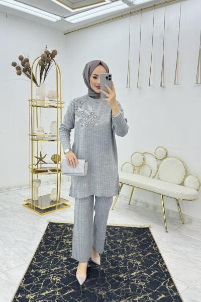 Gri Pullu Triko Takım Tesettür Giyim Gri