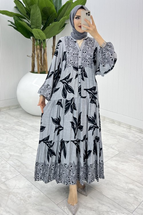 Gri Yaprak Desen Elbise Tesettür Giyim Gri