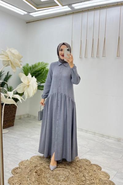 Gri Yaren Keten Elbise Tesettür Giyim Gri