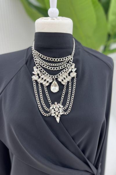 Gümüş Tasarım Çelik Taşlı Fırınlanmış Gerdan Kolye Gri