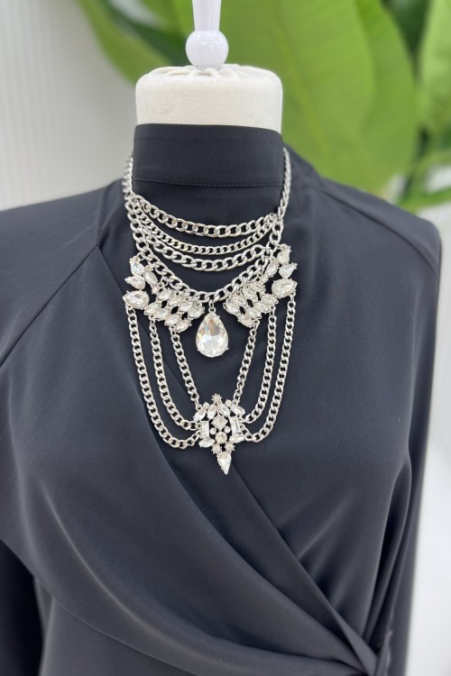 Gümüş Tasarım Çelik Taşlı Fırınlanmış Gerdan Kolye Gri