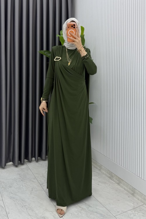 Haki Alya Tasarım Elbise Tesettür Giyim  Haki