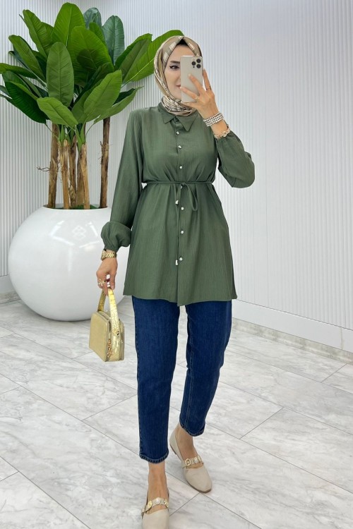 Haki Bağcıklı Gömlek Tesettür Giyim Haki
