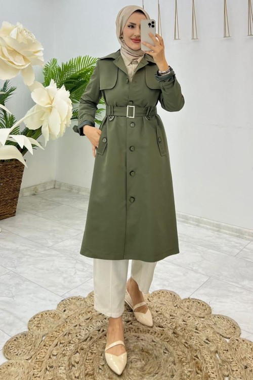 Haki Buğlem Trench Tesettür Giyim  Haki
