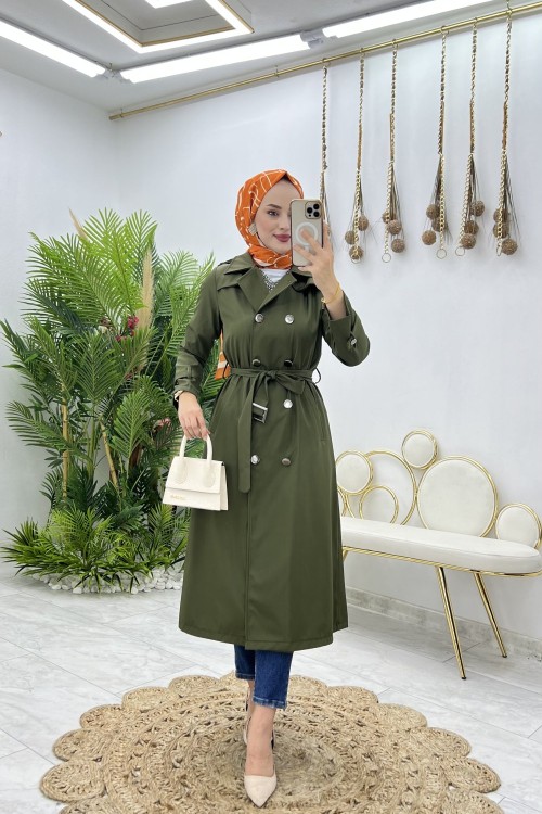 Haki Dubai Trench Tesettür Giyim Haki