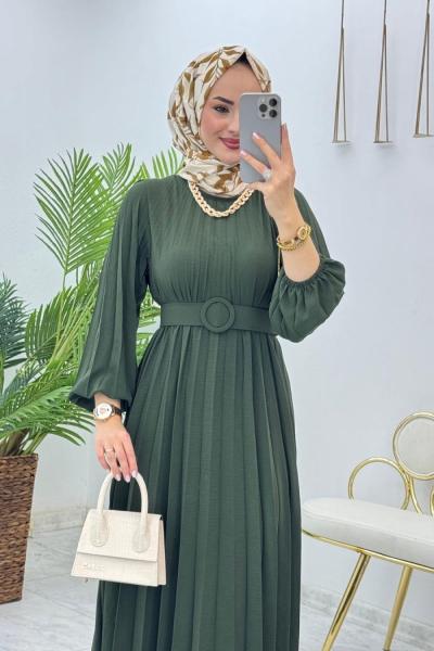 Haki İkra Elbise Tesettür Giyim Haki