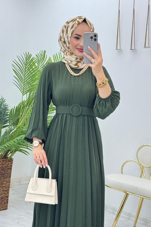 Haki İkra Elbise Tesettür Giyim Haki