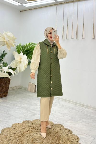 Haki Kapitone Yüksel Yelek Tesettür Giyim Haki