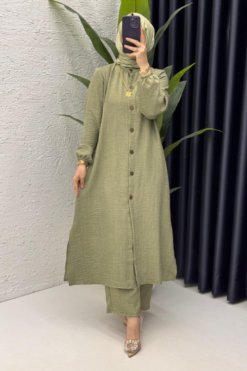 Haki Mehtap Takım Tesettür Giyim Taş Haki