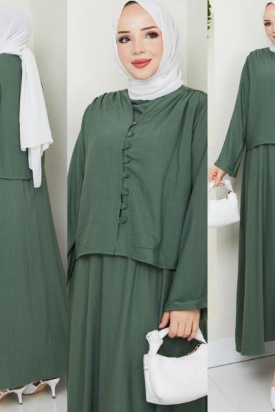 Haki  Modadüğme Elbise Takım Tesettür Giyim Haki