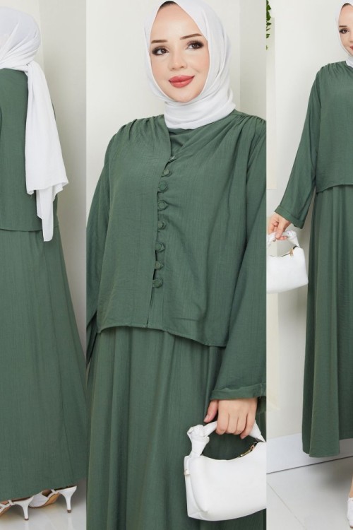 Haki  Modadüğme Elbise Takım Tesettür Giyim Haki