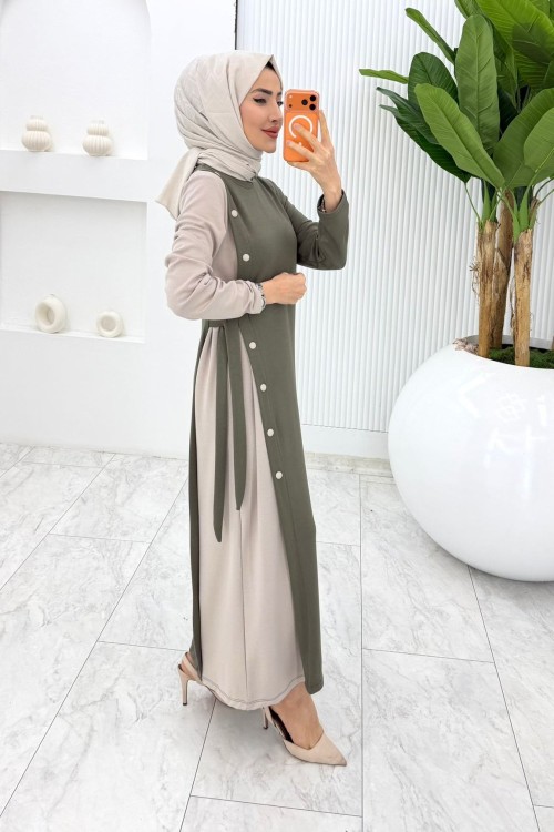 Haki Nilda Elbise Tesettür Giyim  Haki