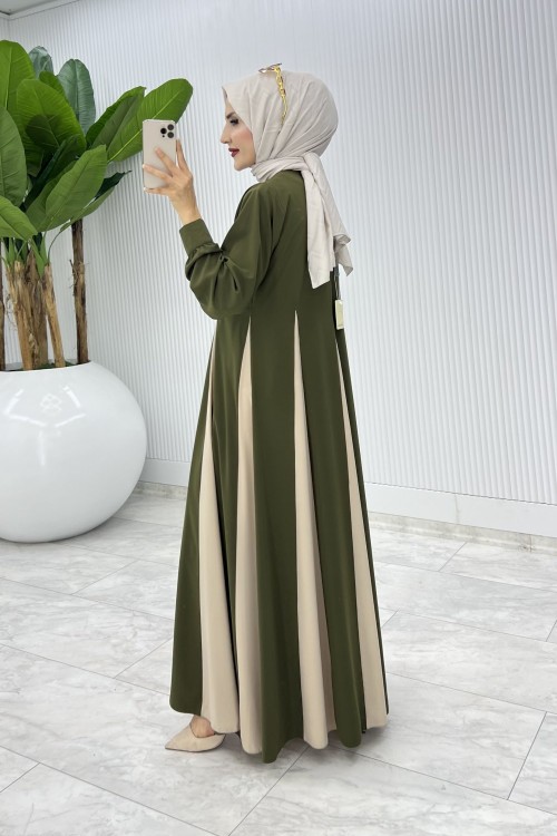 Haki Parçalı Elbise Tesettür Giyim Haki
