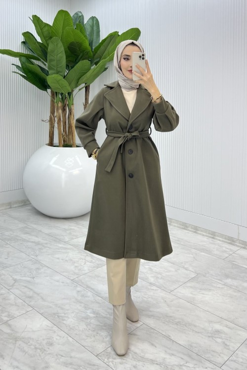 Haki Premıum Defne Kaşe Kaban Tesettür Giyim  Haki