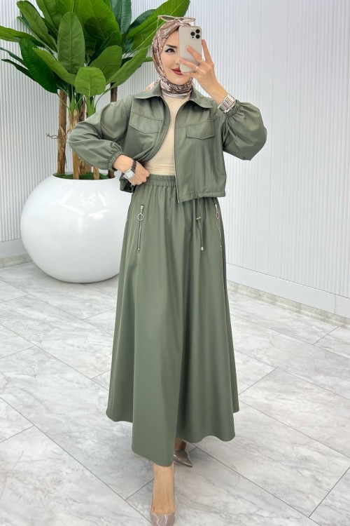Haki Premium Nefis Etek Takım Tesettür Giyim Haki