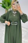 Haki Premium Silva Tulumlu Abaya Takım Tesettür Giyim Haki
