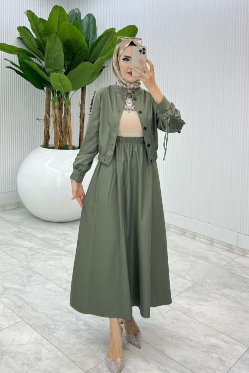 Haki Premium İclal Etek Takım Tesettür Giyim Haki