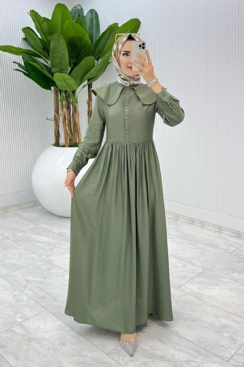 Haki Premium Bebe Yaka Elbise Tesettür Giyim Haki