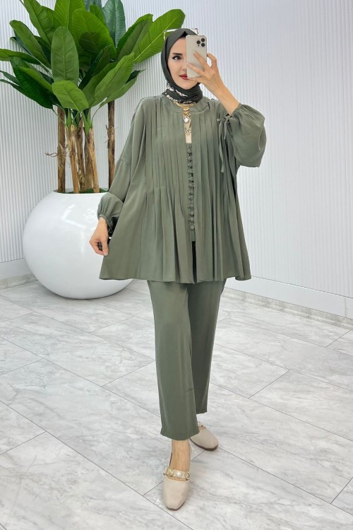 Haki Premium Nervür Takım Tesettür Giyim Haki