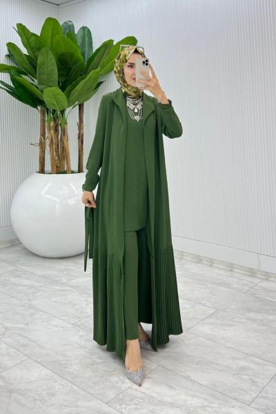 Haki Premium Üçlü Derin Takım Tesettür Giyim Haki