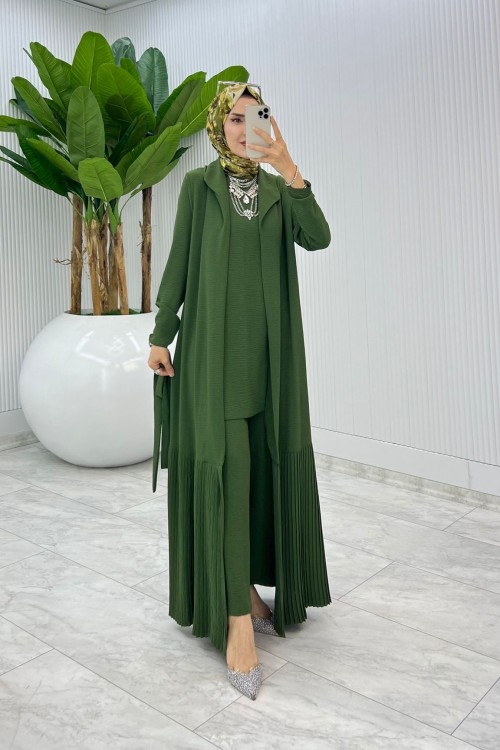 Haki Premium Üçlü Derin Takım Tesettür Giyim Haki