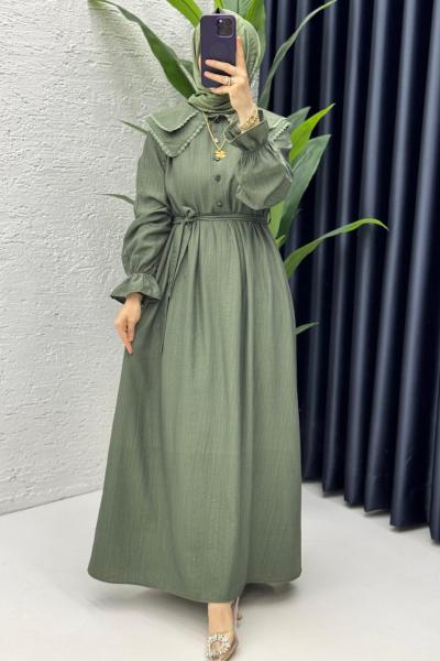 Haki Sanem Elbise Tesettür Giyim Haki