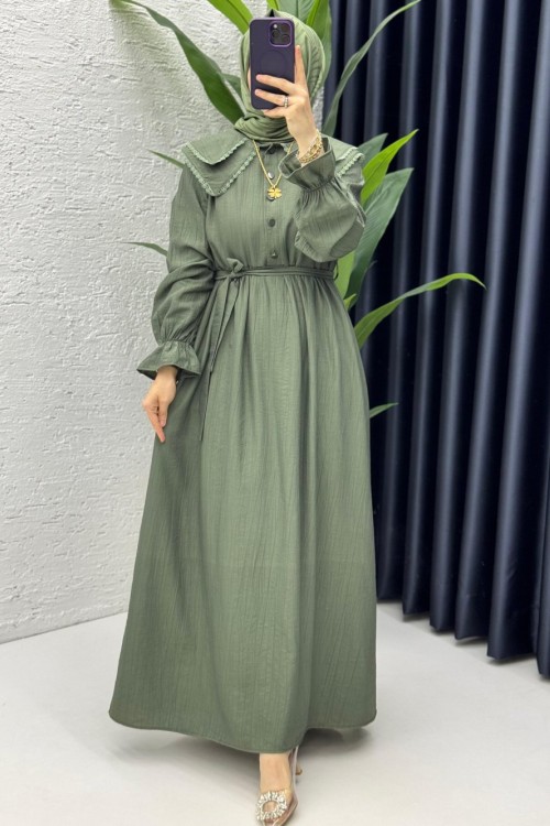 Haki Sanem Elbise Tesettür Giyim Haki