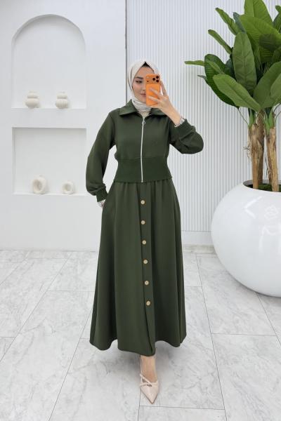 Haki Şazeli Premium Etek Takım Tesettür Giyim  Haki