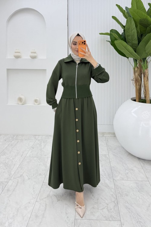 Haki Şazeli Premium Etek Takım Tesettür Giyim  Haki