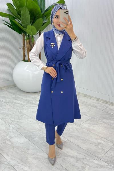 İndigo Broşlu Ala Yelek Takım Tesettür Giyim Mavi