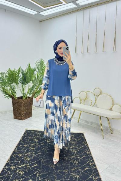 İndigo Fırça Desen Takım Tesettür Giyim İndigo