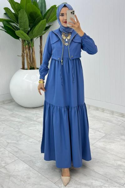 İndigo Hicran Elbise Takım Tesettür Elbise  Mavi