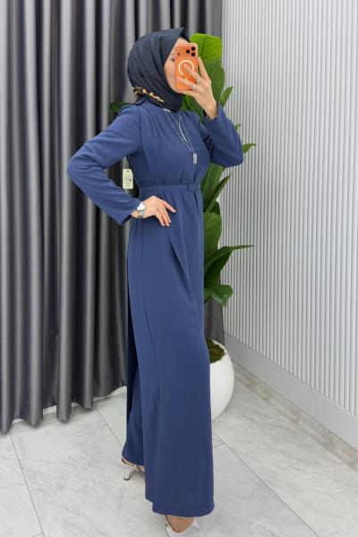 İndigo  Kemerli Nalan Tulum Elbise Tesettür Giyim  Mavi