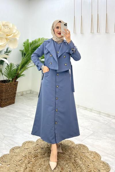 İndigo Mavi Astarlı Almira Trench Takım Tesettür Giyim İndigo
