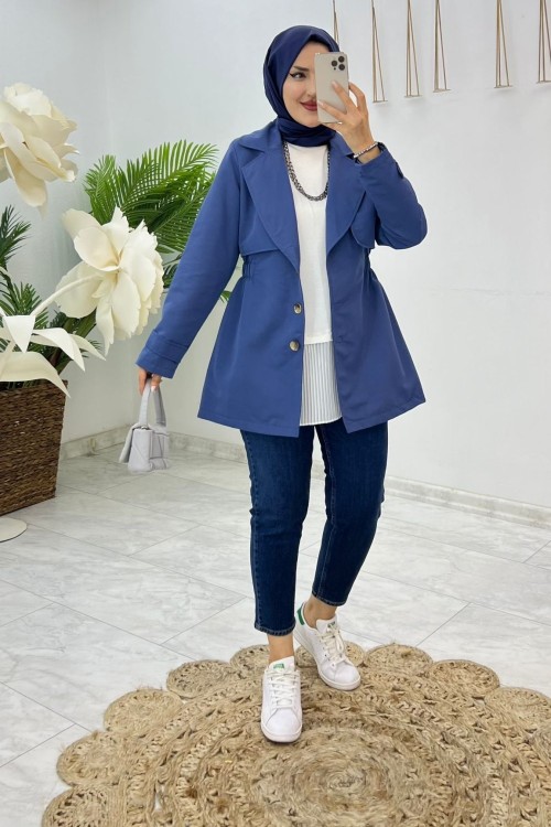 İndigo Premıum Astarlı Lema Trench Tesettür Giyim İndigo