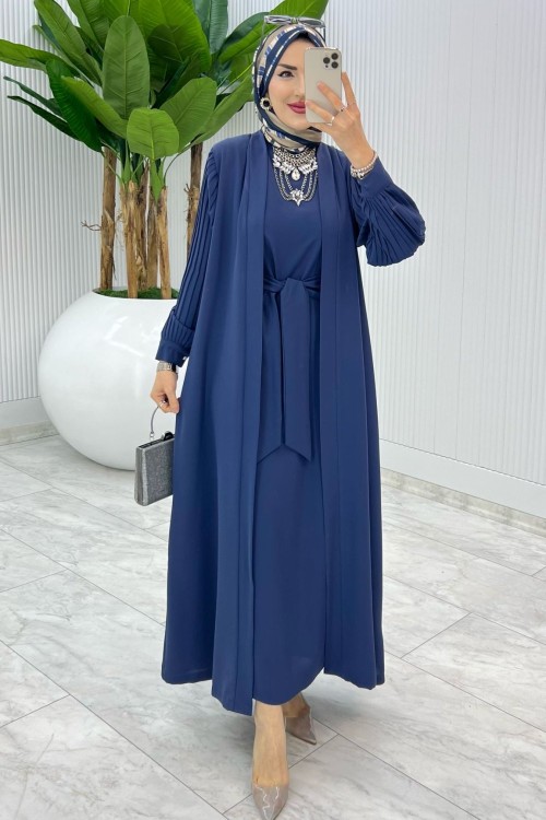 İndigo Premıum Melek Abaya Takım Tesettür Giyim İndigo