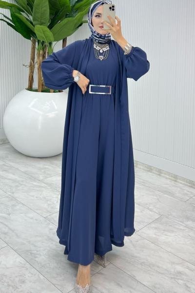 İndigo Premium Silva Tulumlu Abaya Takım Tesettür Giyim İndigo