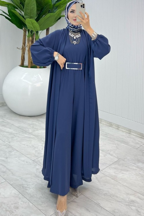 İndigo Premium Silva Tulumlu Abaya Takım Tesettür Giyim İndigo