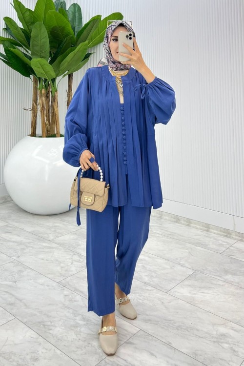 İndigo Premium Nervür Takım Tesettür Giyim İndigo