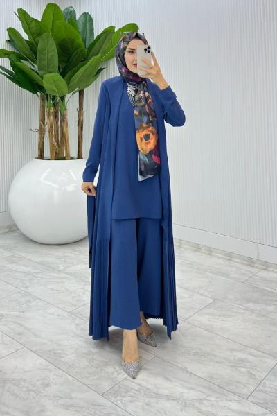 İndigo Premium Üçlü Derin Takım Tesettür Giyim İndigo