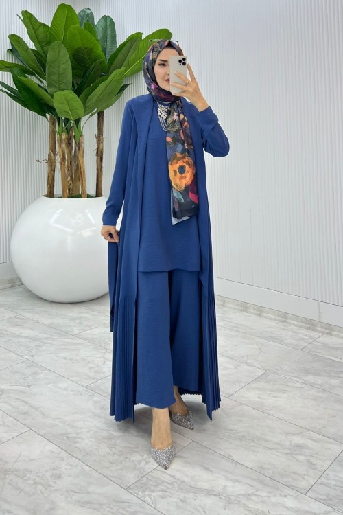 İndigo Premium Üçlü Derin Takım Tesettür Giyim İndigo
