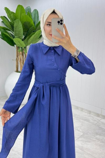 İndigo Premıum Nagihan Elbise Tesettür Giyim Mavi