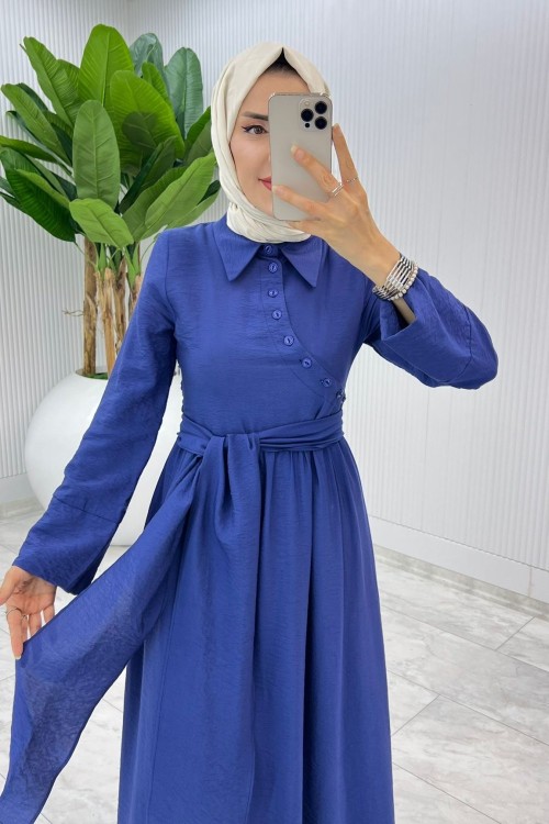 İndigo Premıum Nagihan Elbise Tesettür Giyim Mavi
